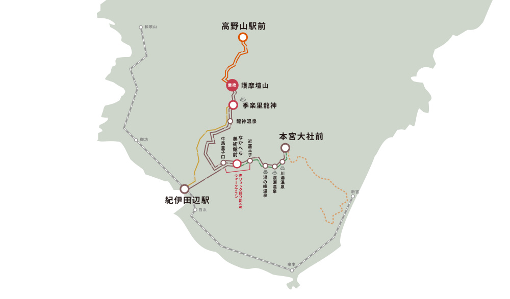 高野山から熊野へは聖地巡礼バスで移動します。上のルートには書かれていませんが、高野山では千手院橋（東）と奥之院前からも乗車できます。